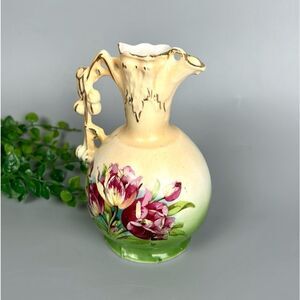 Antique Little Pitcher Austria Porcelain Tulip Floral Cherries Handle